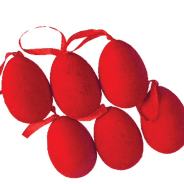 Αυγά βελούδινα πλαστικά κρεμαστά, κόκκινο χρώμα , σετ 6 .Διαστάσεις 3,5εκ.

