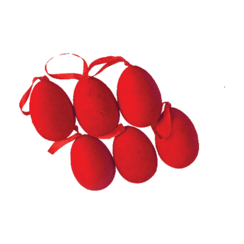 Αυγά βελούδινα πλαστικά κρεμαστά, κόκκινο χρώμα , σετ 6 .Διαστάσεις 3,5εκ.